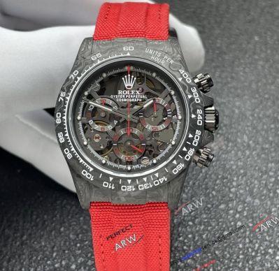 Rolex Daytona Montoya Carbon Fiber Skeleton Dial Red Strap Super Clone Watch 